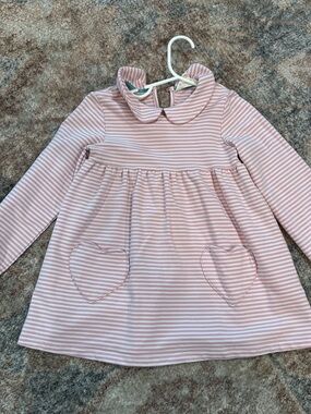 Mini Boden Girls' Pink Stripe Long-Sleeve tunic top with heart pockets